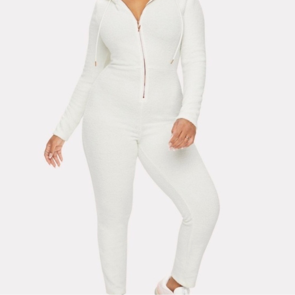Yitty Pet Me Heart Pocket Jumpsuit Plush Sherpa Hooded cream